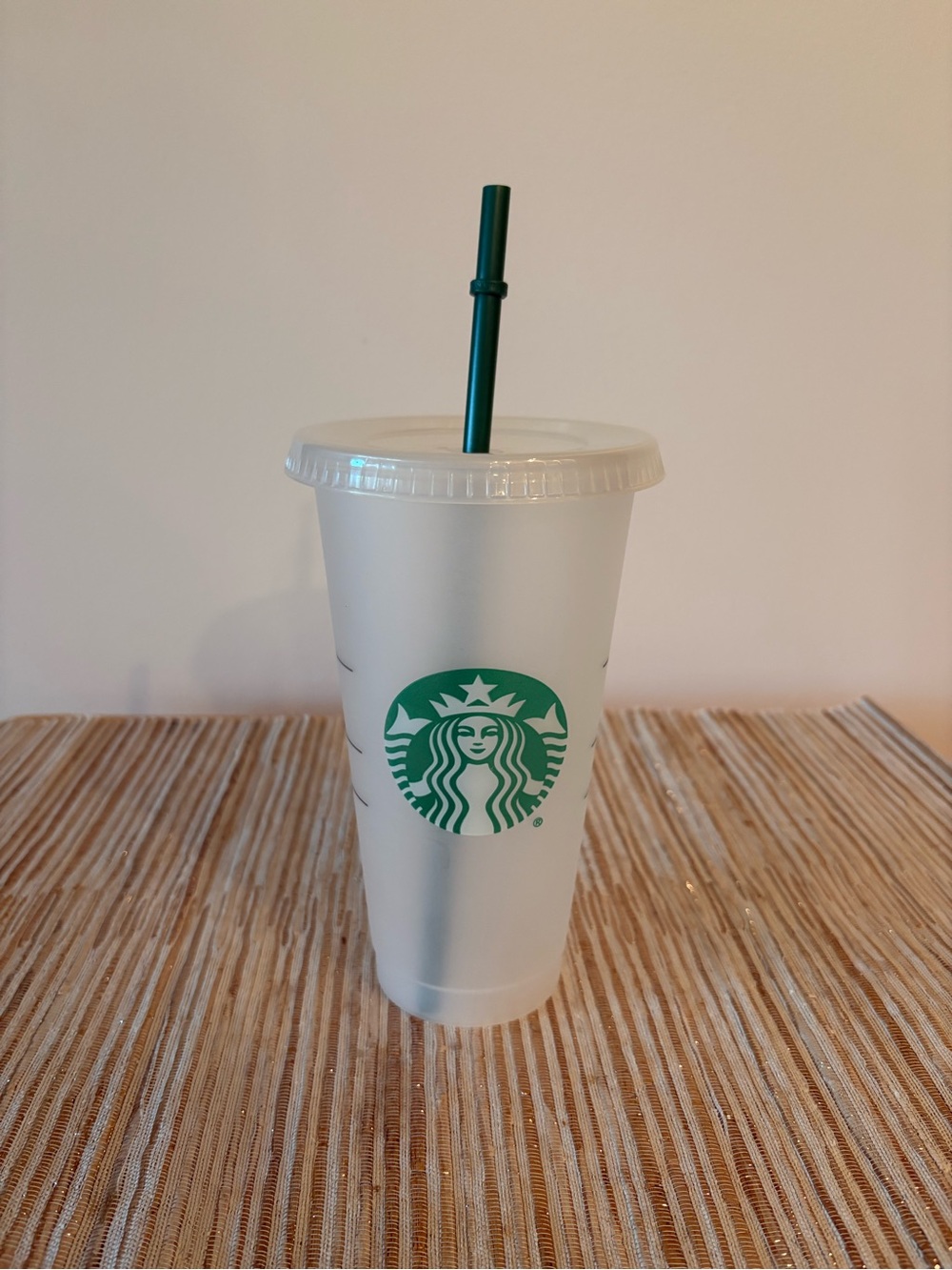 Starbucks Reusable White Plastic Cold Cup with Green Logo and Straw